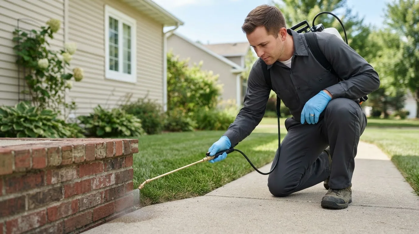 Pest control technician treating a home near Mccamey, TX